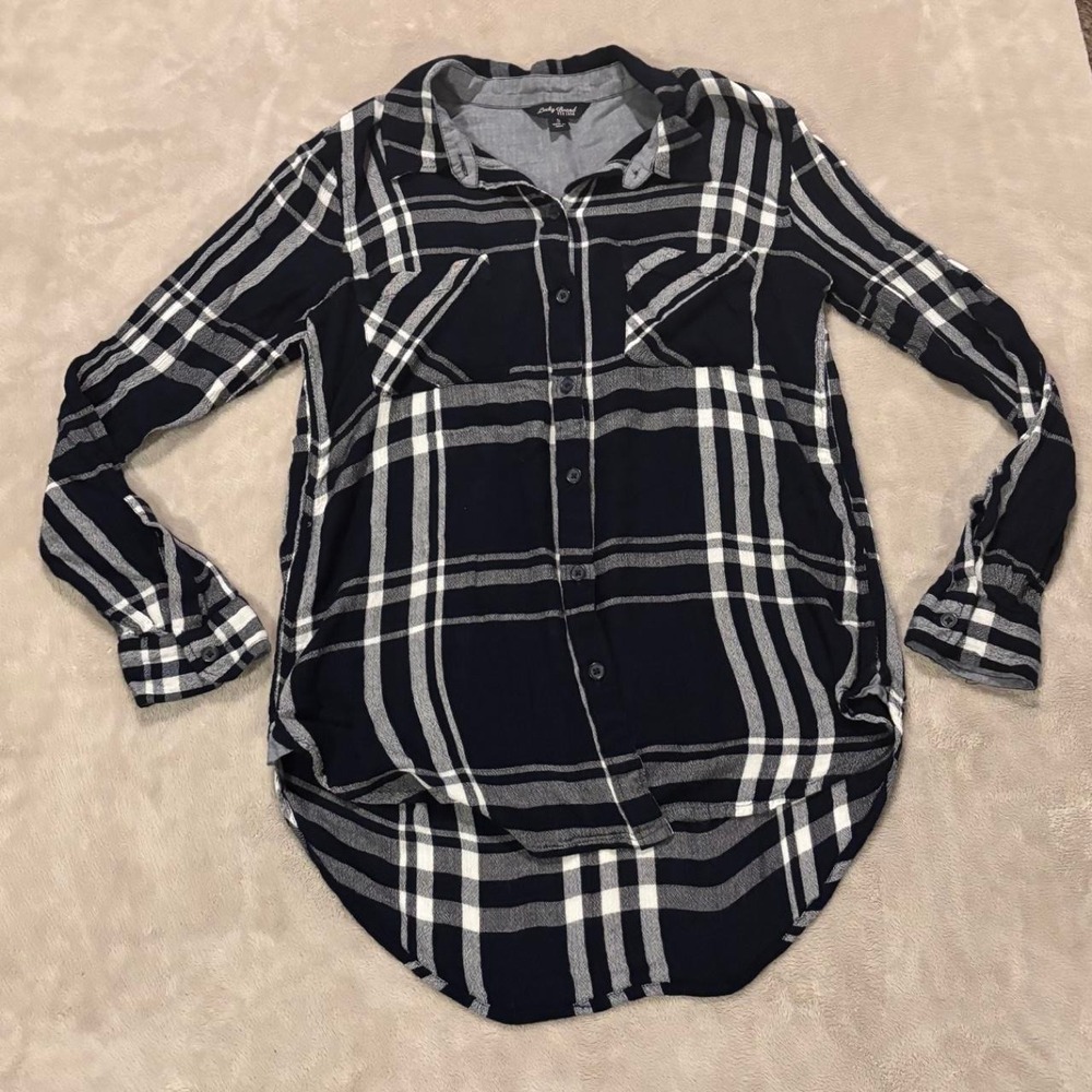 Lucky Brand Navy Gray Plaid Button Up Shirt Womens Small Long Sleeve Top